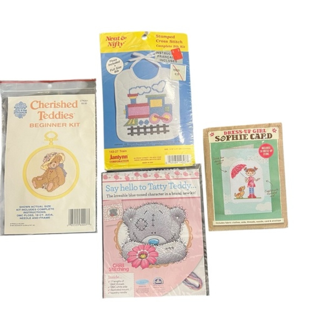 Counted Cross Stitch Kits Lot Of 4 Teddy Bears Train Baby Bib Dress Up Girl Card